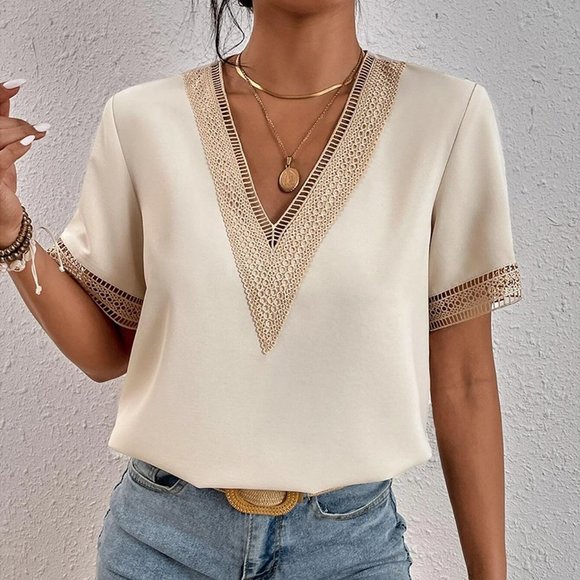 Khaki Boho Womens Guipure Lace Panel Blouse - Picture 2 of 4